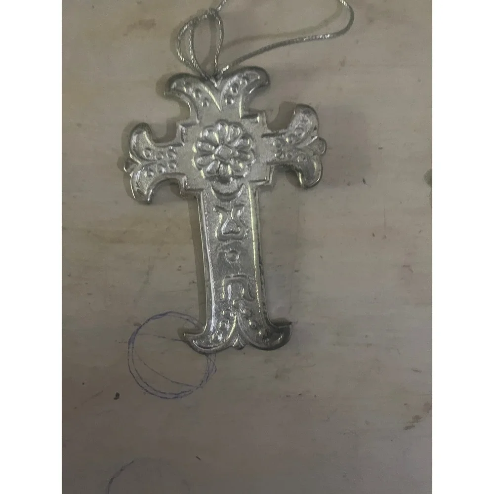 Vintage Silver Tone Embossed Metal Cross Ornaments Set of 4 Floral Design 4 Inch